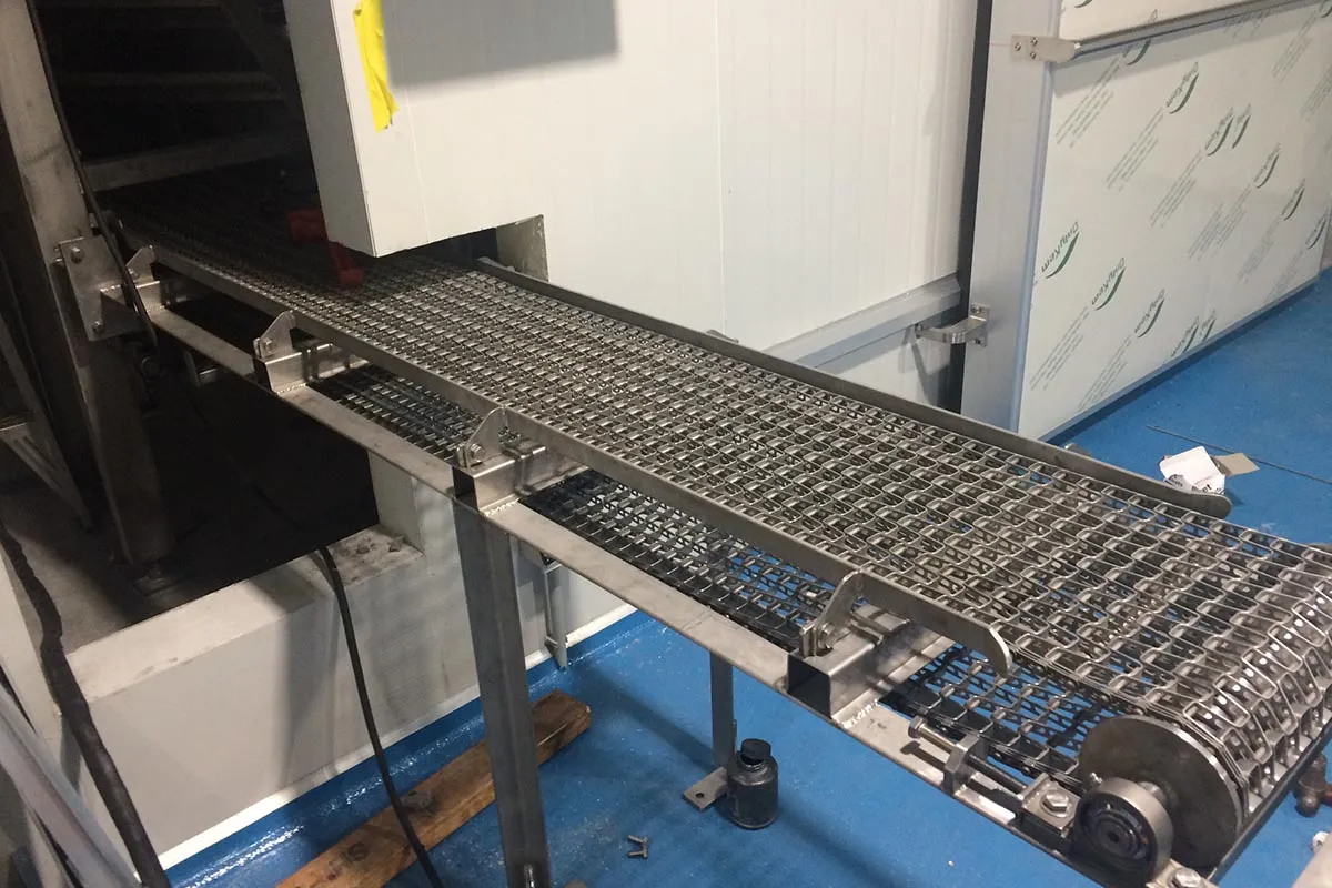 Stainless steel mesh conveyor for a seafood processing plant